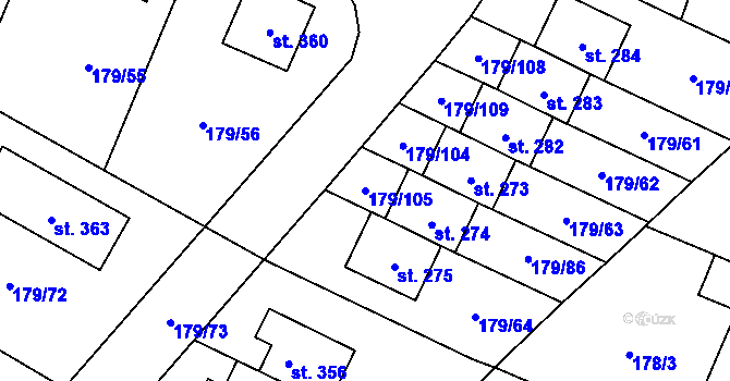 Parcela st. 179/105 v KÚ Břežany II, Katastrální mapa
