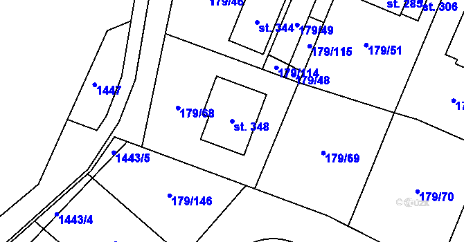 Parcela st. 348 v KÚ Břežany II, Katastrální mapa