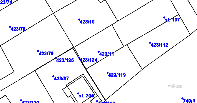 Parcela st. 423/11 v KÚ Břvany, Katastrální mapa
