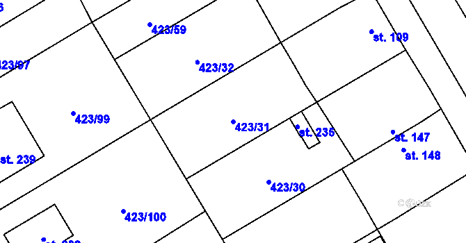 Parcela st. 423/31 v KÚ Břvany, Katastrální mapa