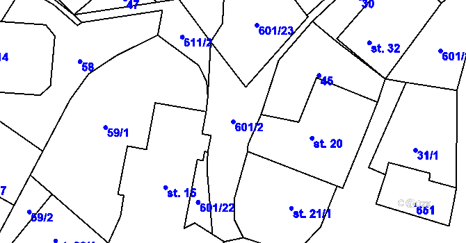 Parcela st. 601/2 v KÚ Bučina, Katastrální mapa