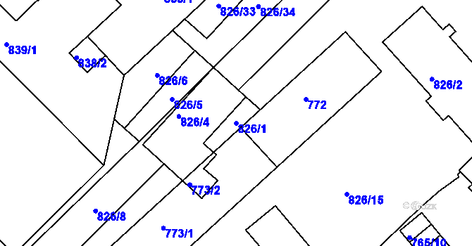Parcela st. 826/1 v KÚ Bučovice, Katastrální mapa