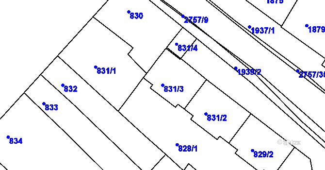 Parcela st. 831/3 v KÚ Bučovice, Katastrální mapa