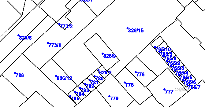 Parcela st. 826/9 v KÚ Bučovice, Katastrální mapa