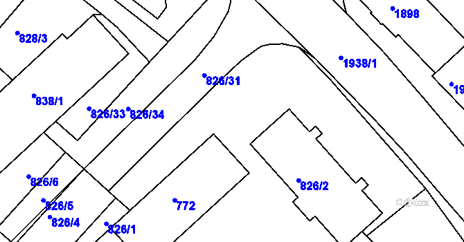 Parcela st. 826/27 v KÚ Bučovice, Katastrální mapa