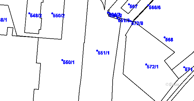 Parcela st. 551/1 v KÚ Bučovice, Katastrální mapa