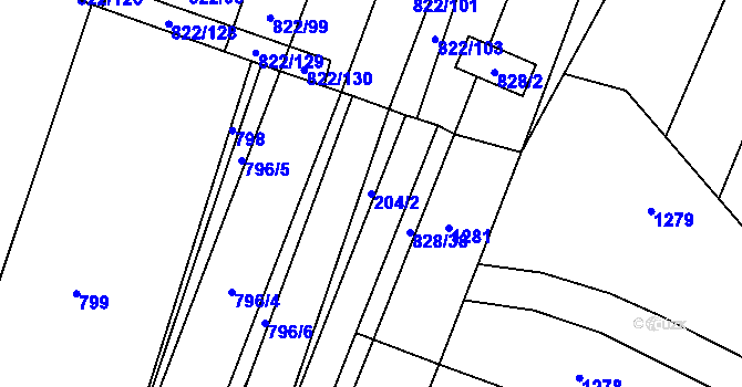 Parcela st. 204/2 v KÚ Vícemilice, Katastrální mapa
