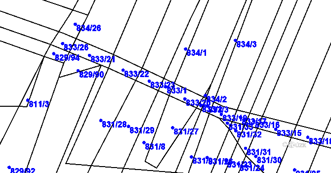 Parcela st. 833/1 v KÚ Vícemilice, Katastrální mapa