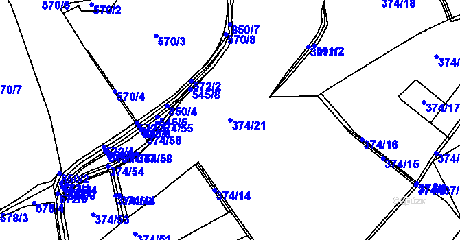 Parcela st. 374/21 v KÚ Hostišov, Katastrální mapa