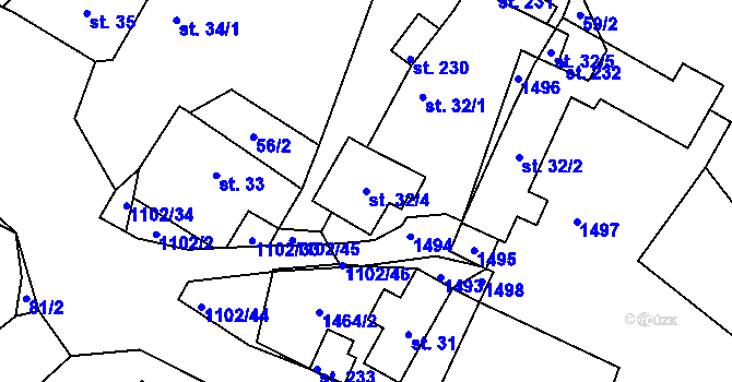 Parcela st. 32/4 v KÚ Budíkov, Katastrální mapa