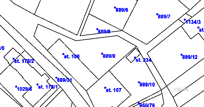 Parcela st. 889/8 v KÚ Budíkov, Katastrální mapa
