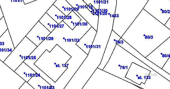 Parcela st. 1101/31 v KÚ Budíkov, Katastrální mapa