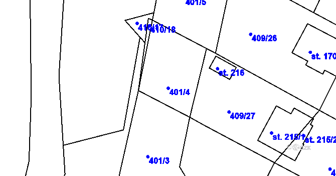 Parcela st. 401/4 v KÚ Budislav, Katastrální mapa