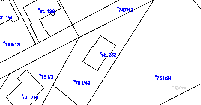 Parcela st. 232 v KÚ Budislav, Katastrální mapa