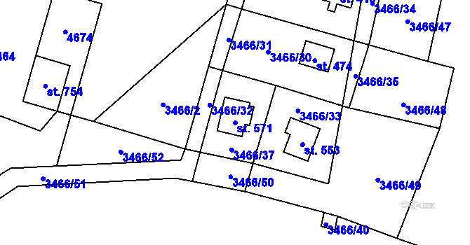 Parcela st. 571 v KÚ Budišov, Katastrální mapa