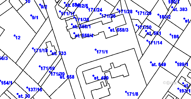 Parcela st. 171/1 v KÚ Budišov, Katastrální mapa