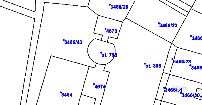 Parcela st. 755 v KÚ Budišov, Katastrální mapa