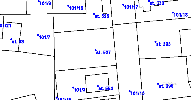 Parcela st. 527 v KÚ Budyně nad Ohří, Katastrální mapa
