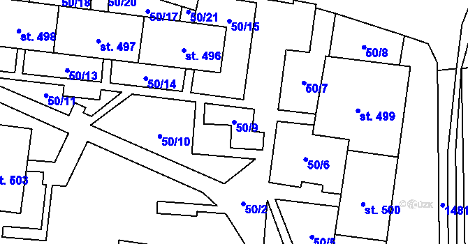Parcela st. 50/9 v KÚ Budyně nad Ohří, Katastrální mapa