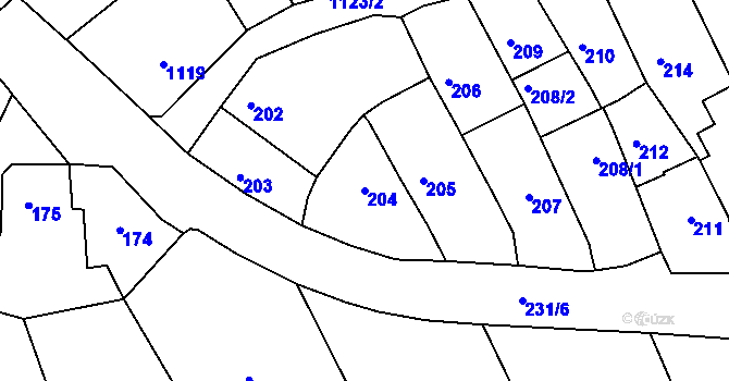 Parcela st. 204 v KÚ Buchlovice, Katastrální mapa