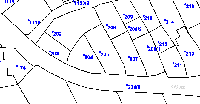 Parcela st. 205 v KÚ Buchlovice, Katastrální mapa