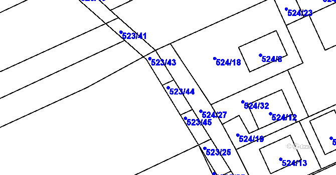 Parcela st. 523/44 v KÚ Buchlovice, Katastrální mapa