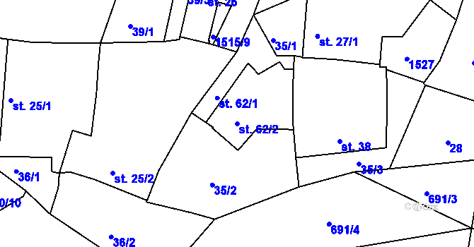 Parcela st. 62/2 v KÚ Bušanovice, Katastrální mapa
