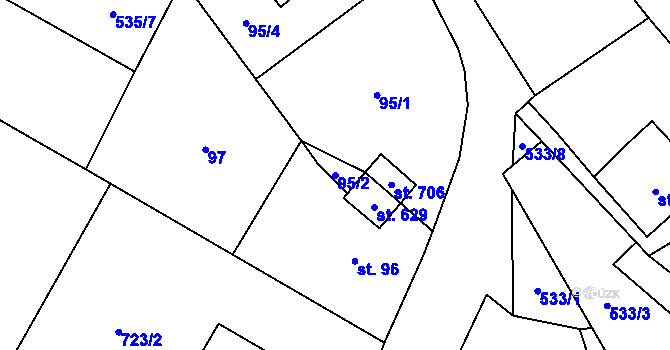 Parcela st. 95/2 v KÚ Smědčice, Katastrální mapa