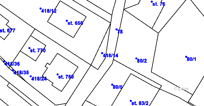 Parcela st. 418/14 v KÚ Smědčice, Katastrální mapa
