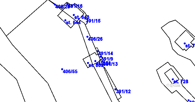 Parcela st. 391/14 v KÚ Smědčice, Katastrální mapa