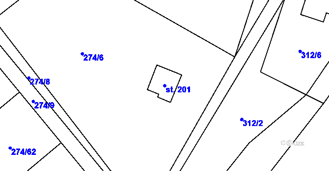 Parcela st. 201 v KÚ Býchory, Katastrální mapa