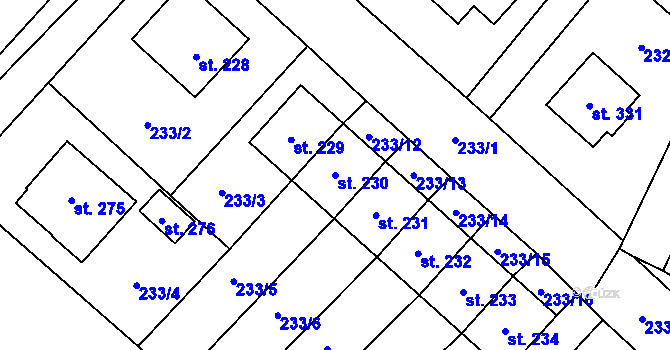 Parcela st. 230 v KÚ Býchory, Katastrální mapa