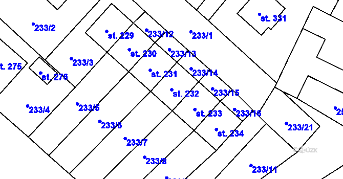 Parcela st. 232 v KÚ Býchory, Katastrální mapa
