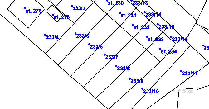 Parcela st. 233/7 v KÚ Býchory, Katastrální mapa