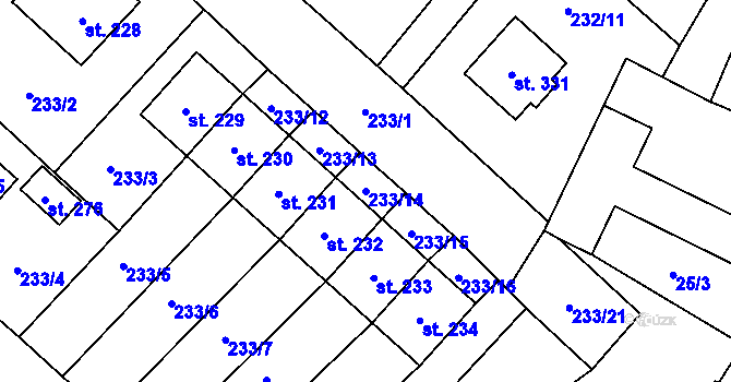 Parcela st. 233/14 v KÚ Býchory, Katastrální mapa