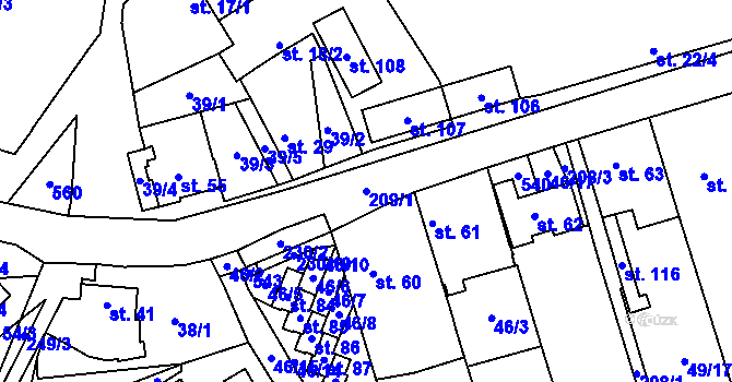 Parcela st. 209/1 v KÚ Býkev, Katastrální mapa