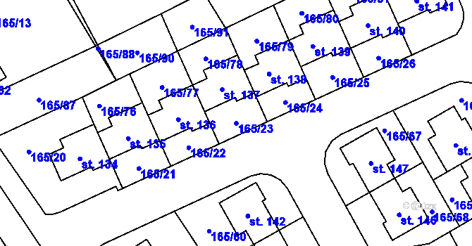 Parcela st. 165/23 v KÚ Býkev, Katastrální mapa