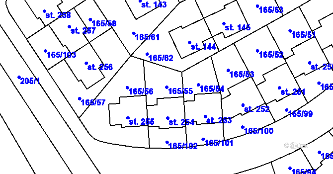 Parcela st. 165/55 v KÚ Býkev, Katastrální mapa
