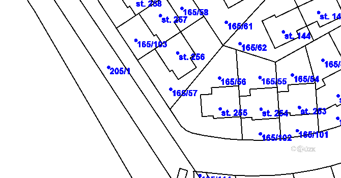 Parcela st. 165/57 v KÚ Býkev, Katastrální mapa