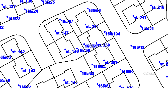 Parcela st. 165/65 v KÚ Býkev, Katastrální mapa