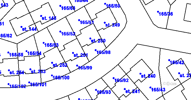 Parcela st. 165/98 v KÚ Býkev, Katastrální mapa