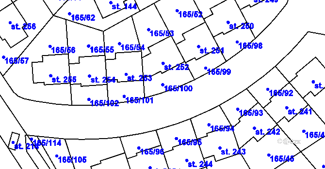 Parcela st. 165/100 v KÚ Býkev, Katastrální mapa