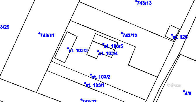 Parcela st. 103/4 v KÚ Bykoš, Katastrální mapa