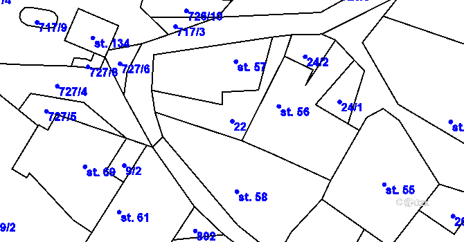 Parcela st. 22 v KÚ Bykoš, Katastrální mapa