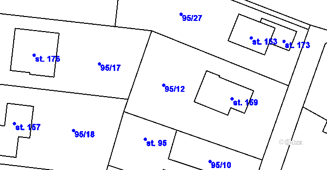 Parcela st. 95/12 v KÚ Bykoš, Katastrální mapa