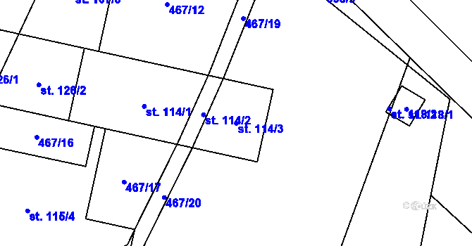 Parcela st. 114/3 v KÚ Bykoš, Katastrální mapa