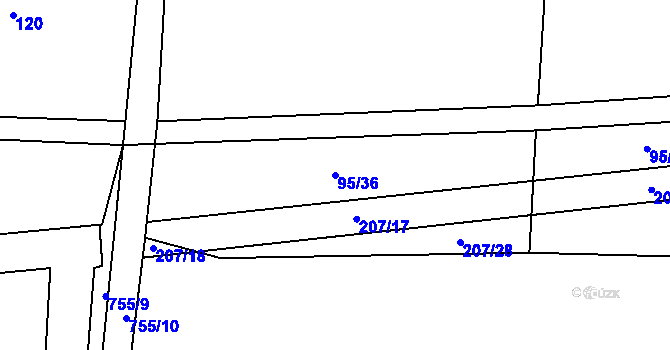 Parcela st. 95/36 v KÚ Bykoš, Katastrální mapa