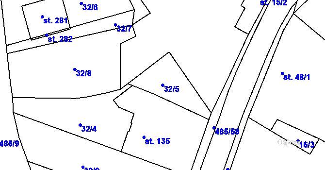 Parcela st. 32/5 v KÚ Bylany, Katastrální mapa