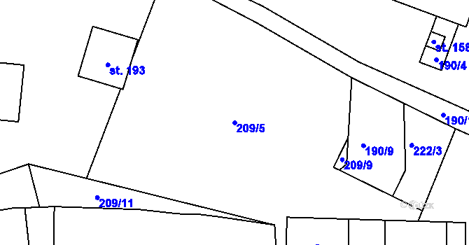 Parcela st. 209/5 v KÚ Bylany, Katastrální mapa