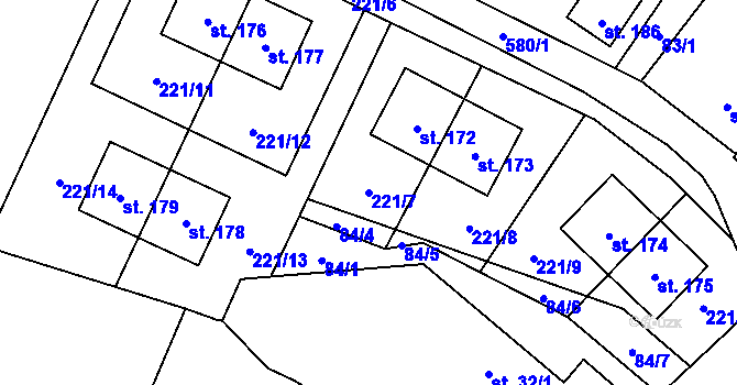 Parcela st. 221/7 v KÚ Lány u Bylan, Katastrální mapa